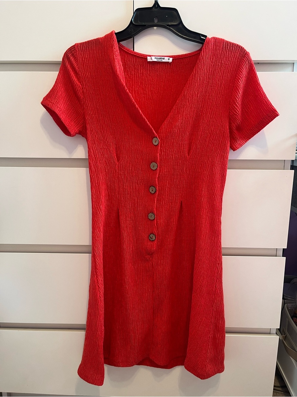 Pull&Bear Red Short Sleeve Button Front Mini Dress